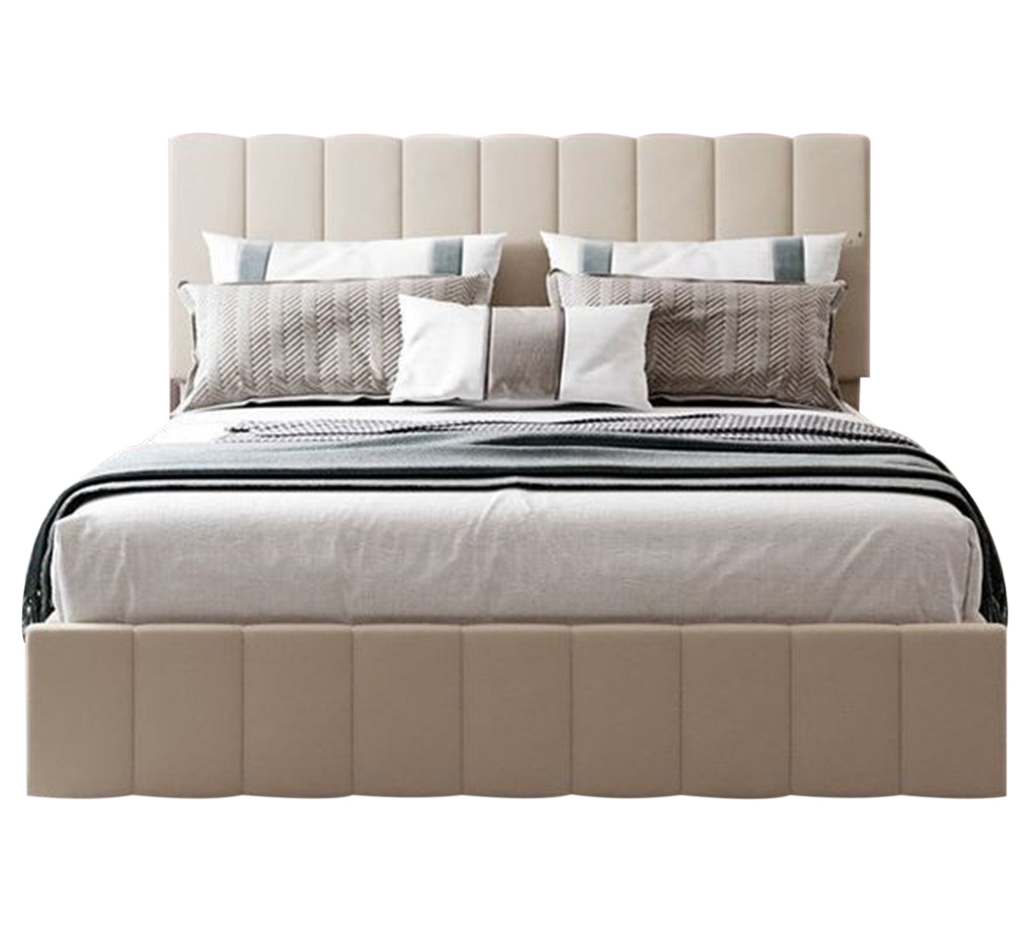Beige bed with a modern design and vertical lines