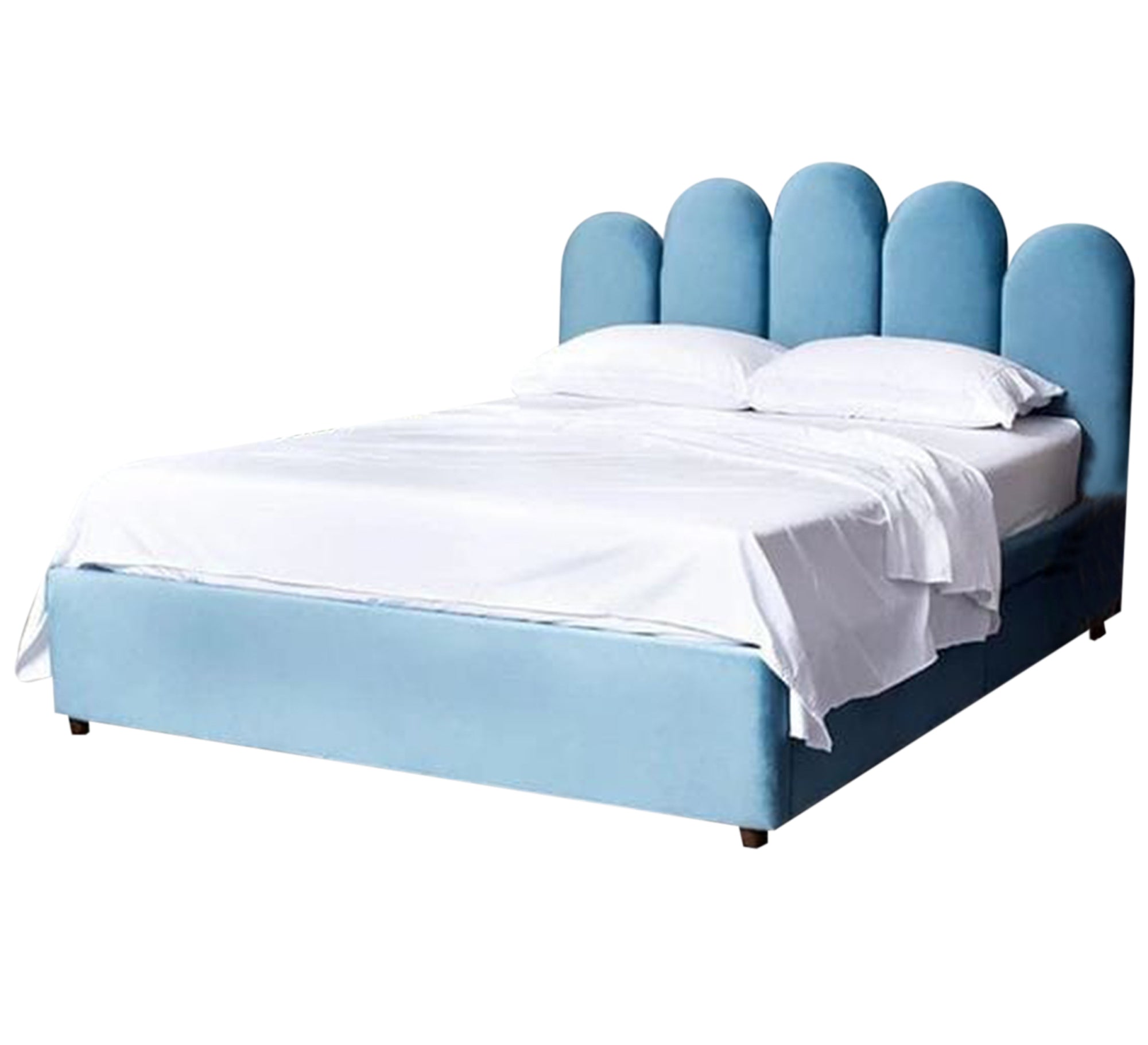 Blue bed with a comfortable design with vertical stripes