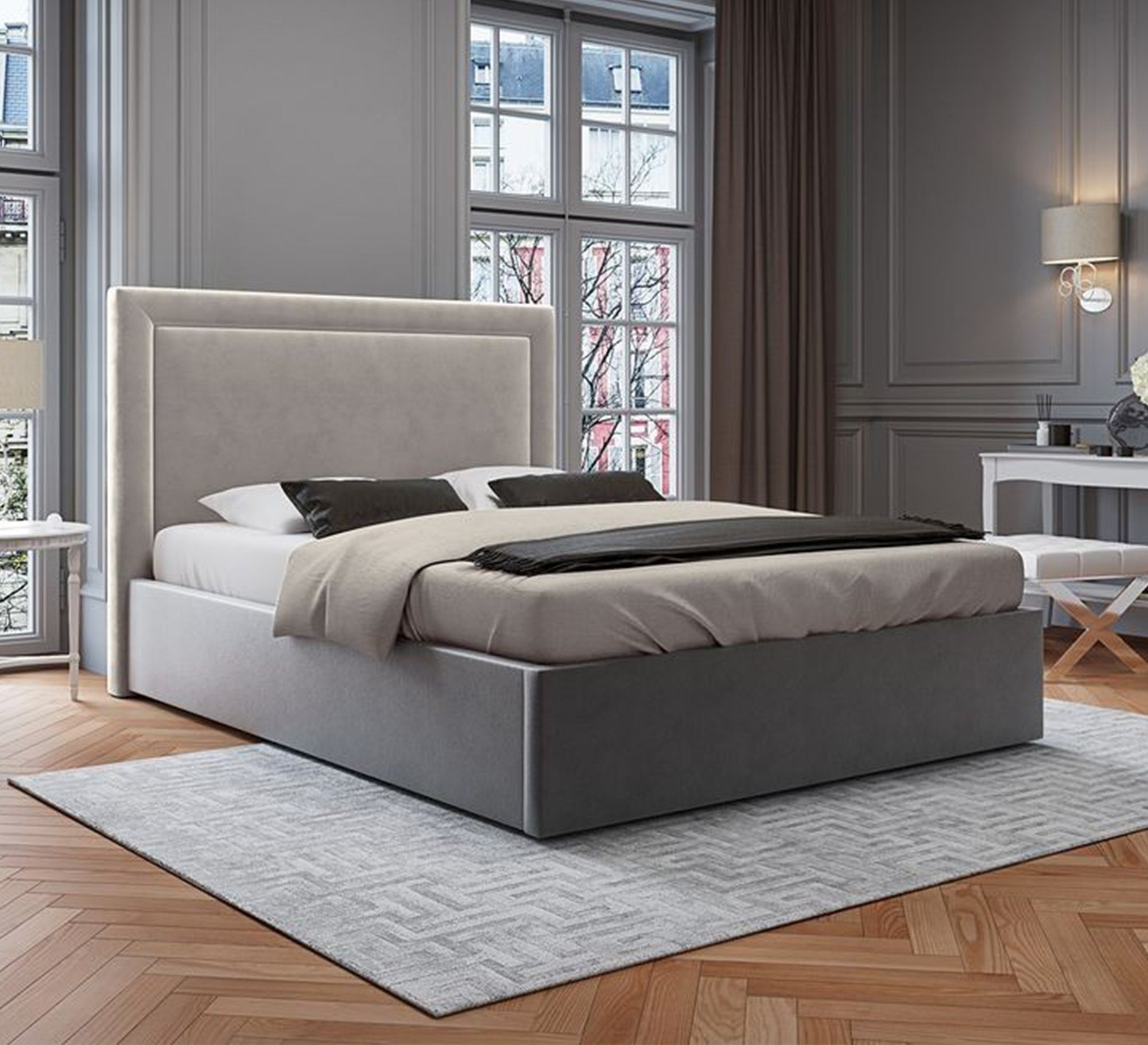 سرير عصري برأس مضيء وأناقة رمادية