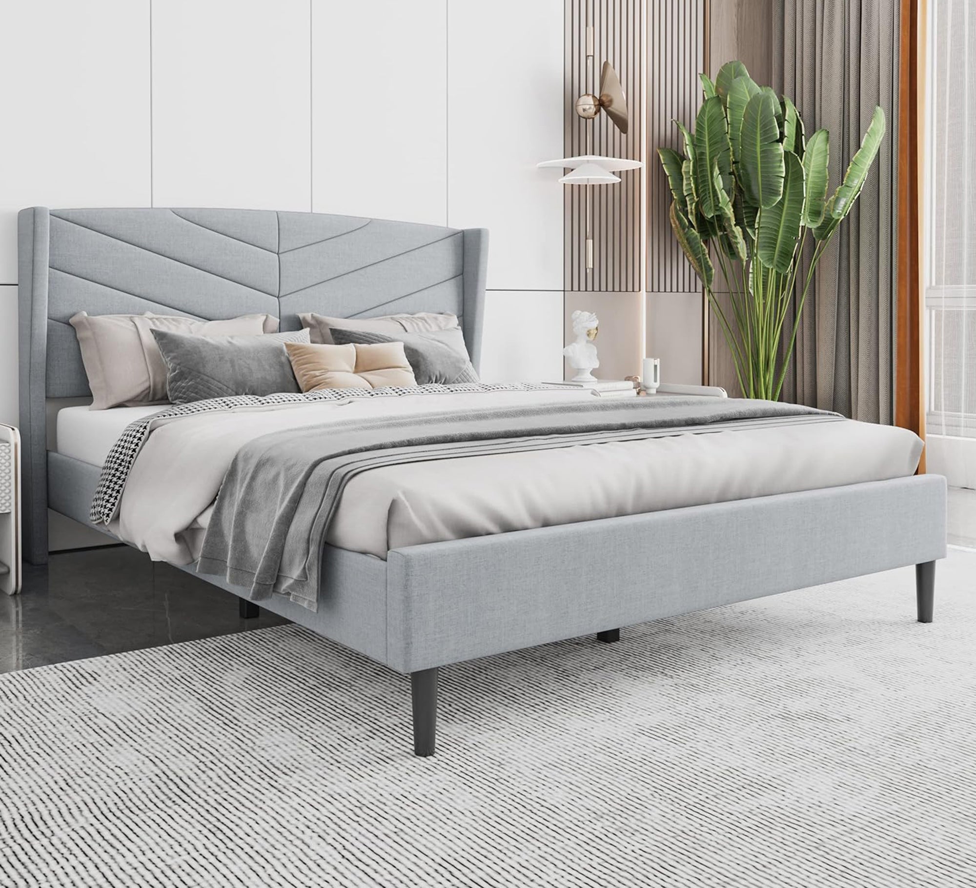 سرير رمادي برأس مموج وتصميم عصري مريح