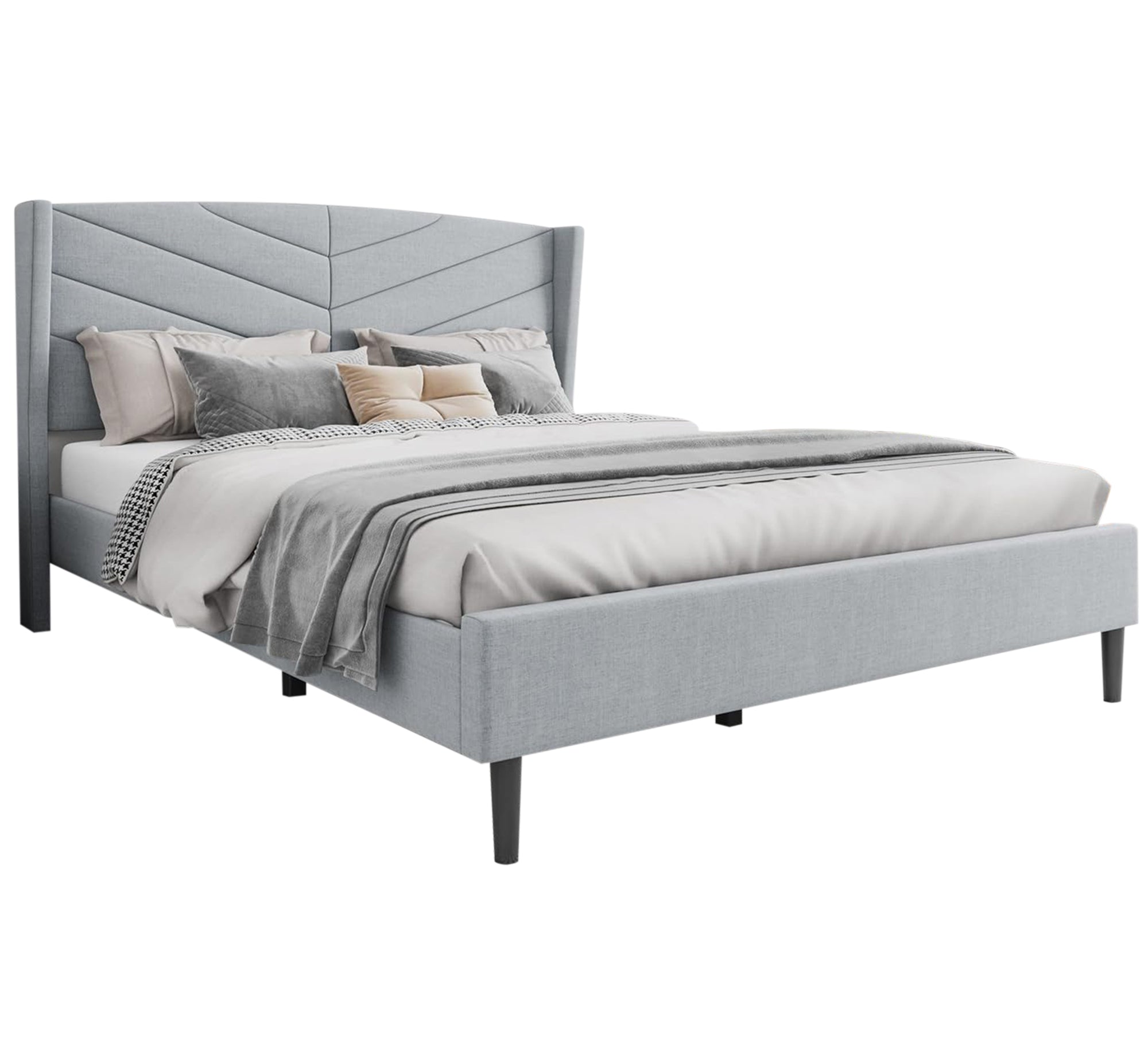 سرير رمادي برأس مموج وتصميم عصري مريح