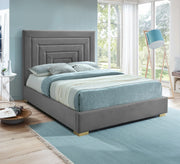 سرير رمادي برأس هندسي وأناقة معاصرة