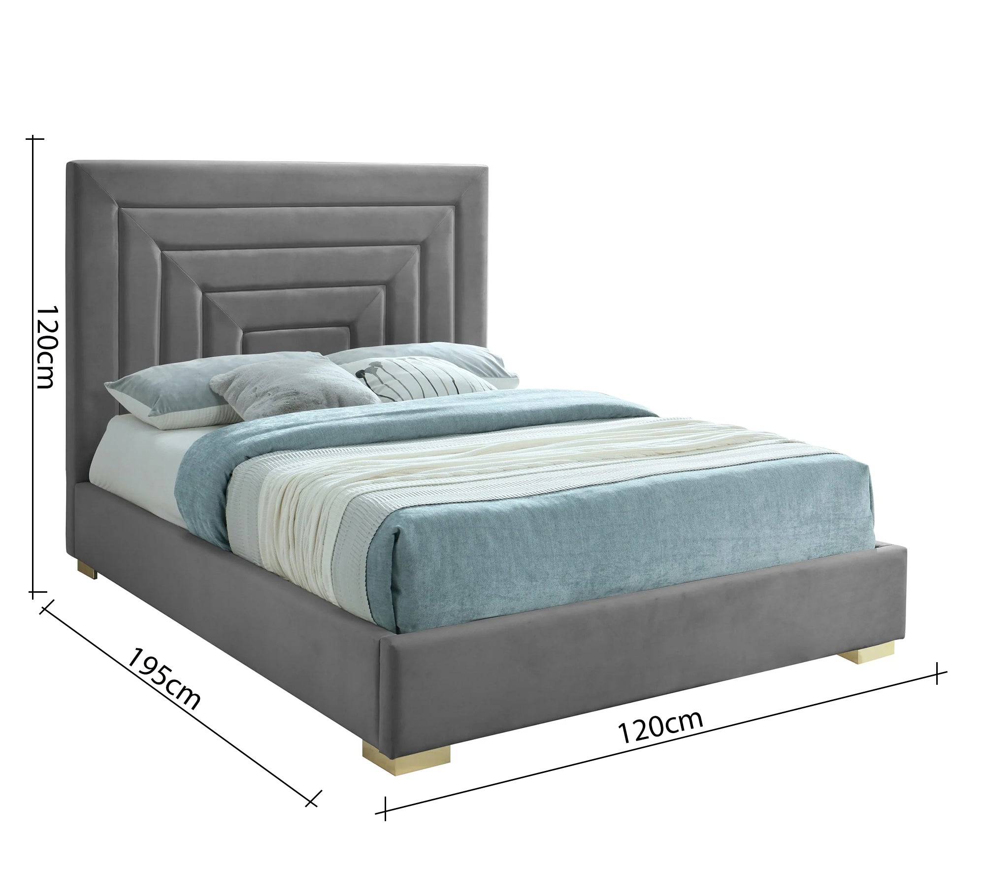 سرير رمادي برأس هندسي وأناقة معاصرة