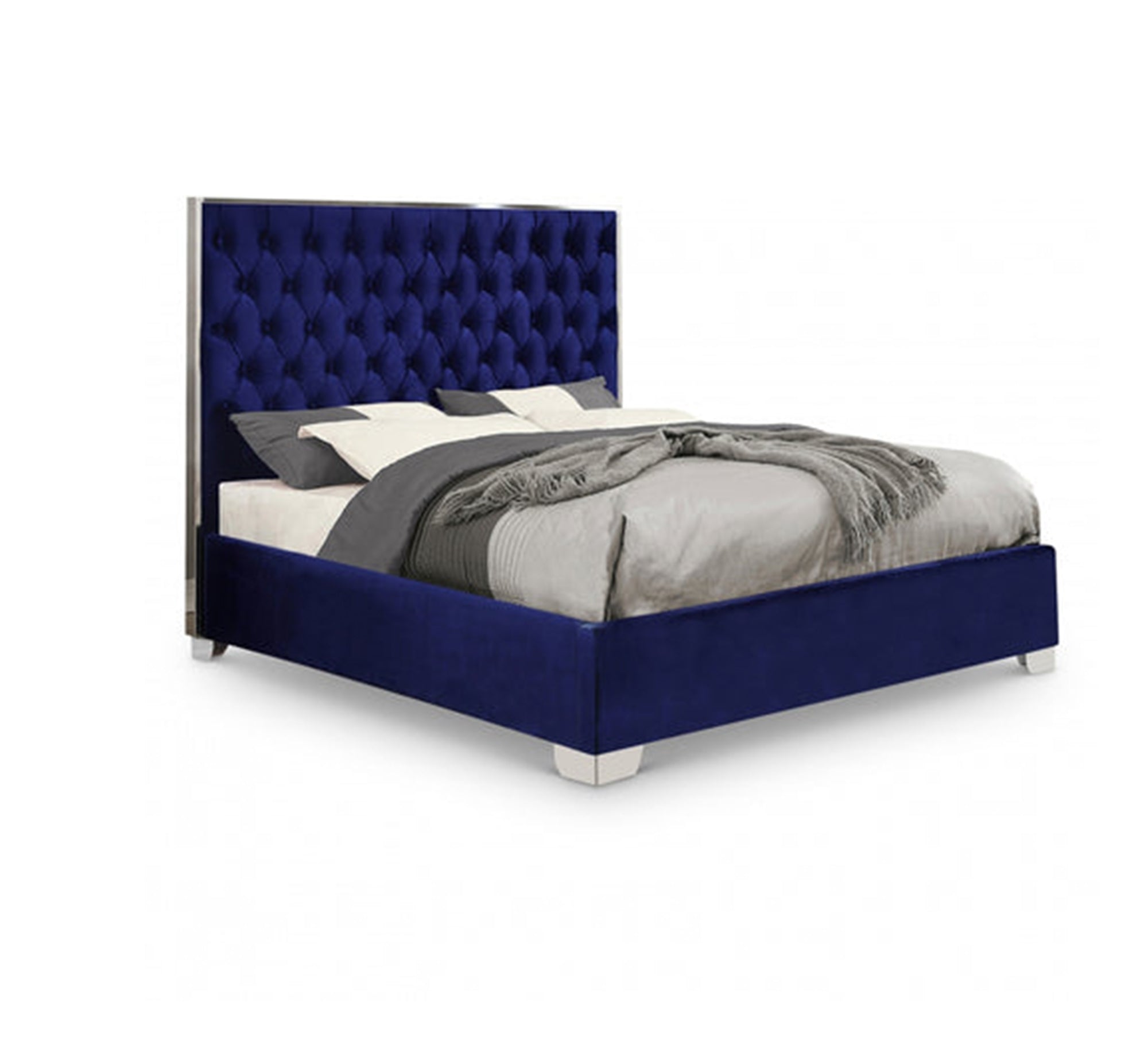 سرير أزرق مخملي بتنجيد كابتونيه بفخامة بارزة