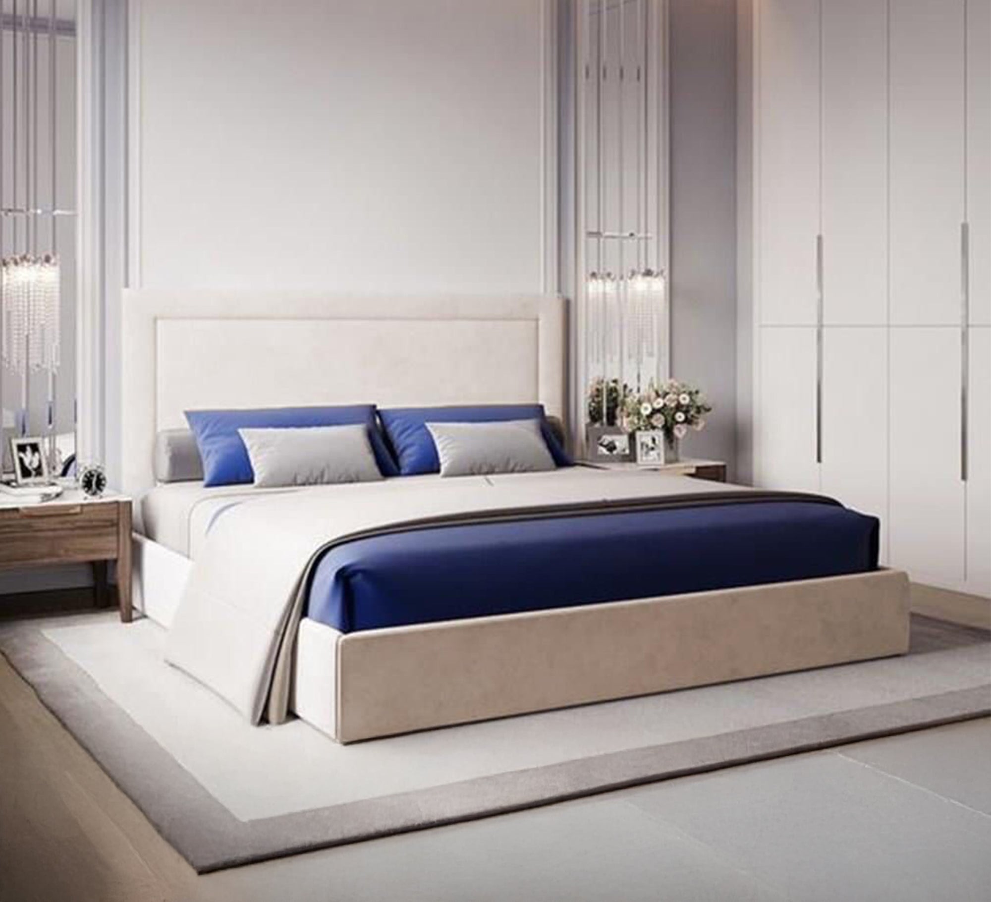 سرير بيج بسيط بتصميم أنيق وراحة معاصرة