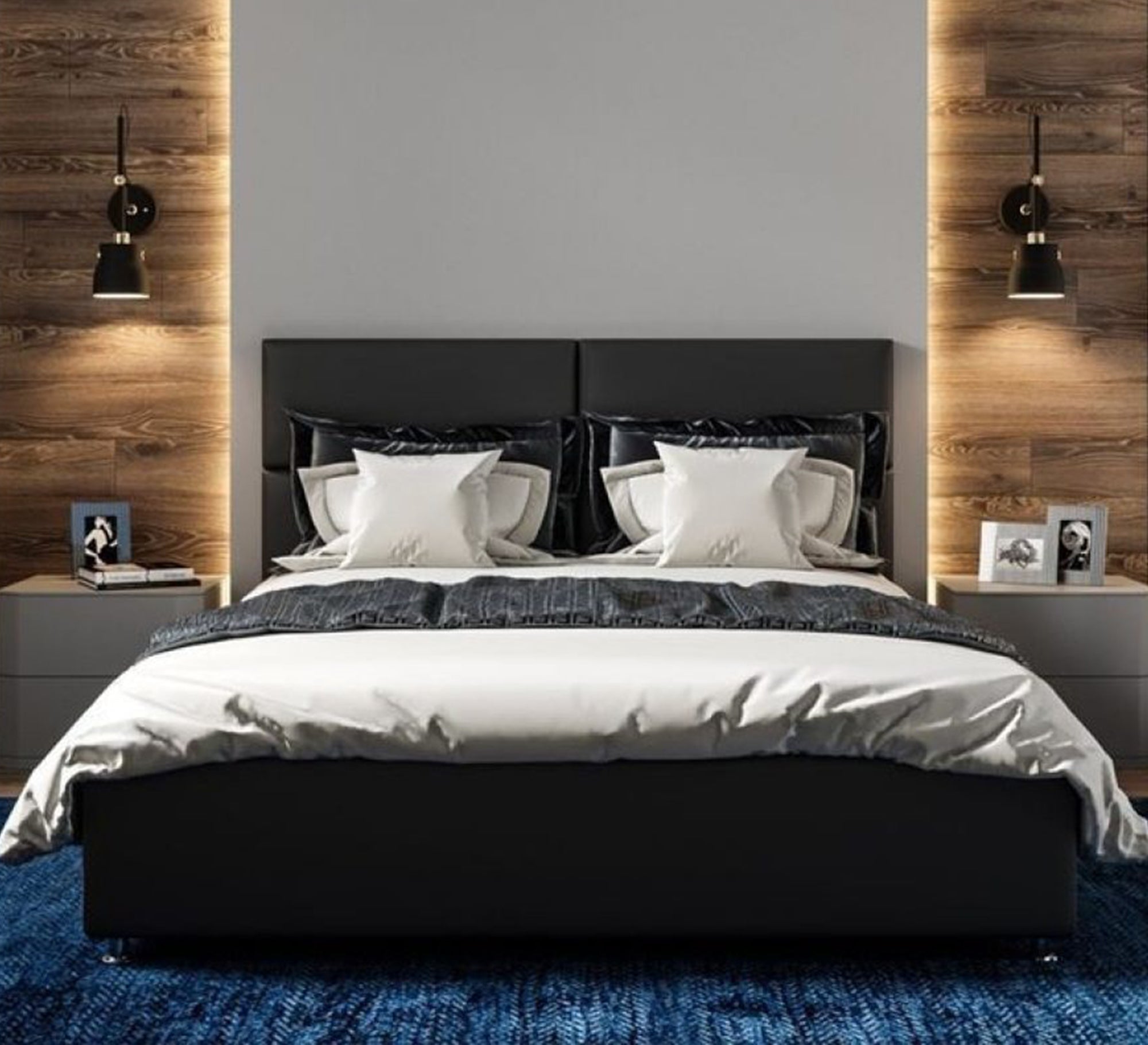 سرير أسود أنيق برأس مبطن وراحة عصرية