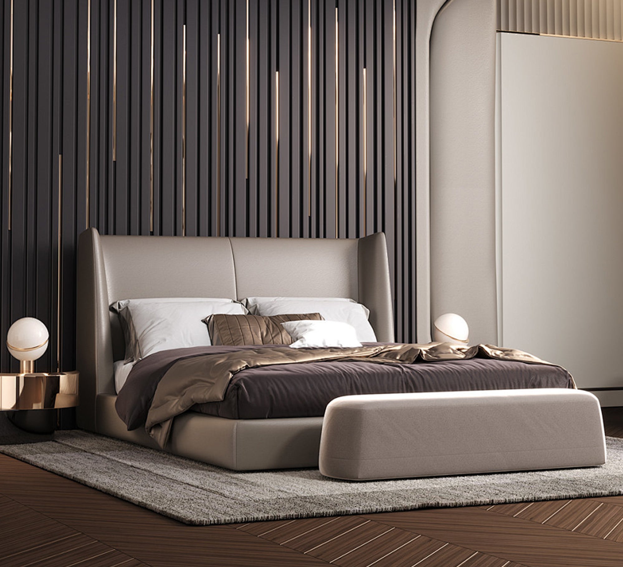 سرير بيج رأس مرتفع وفخامة معاصرة أنيقة
