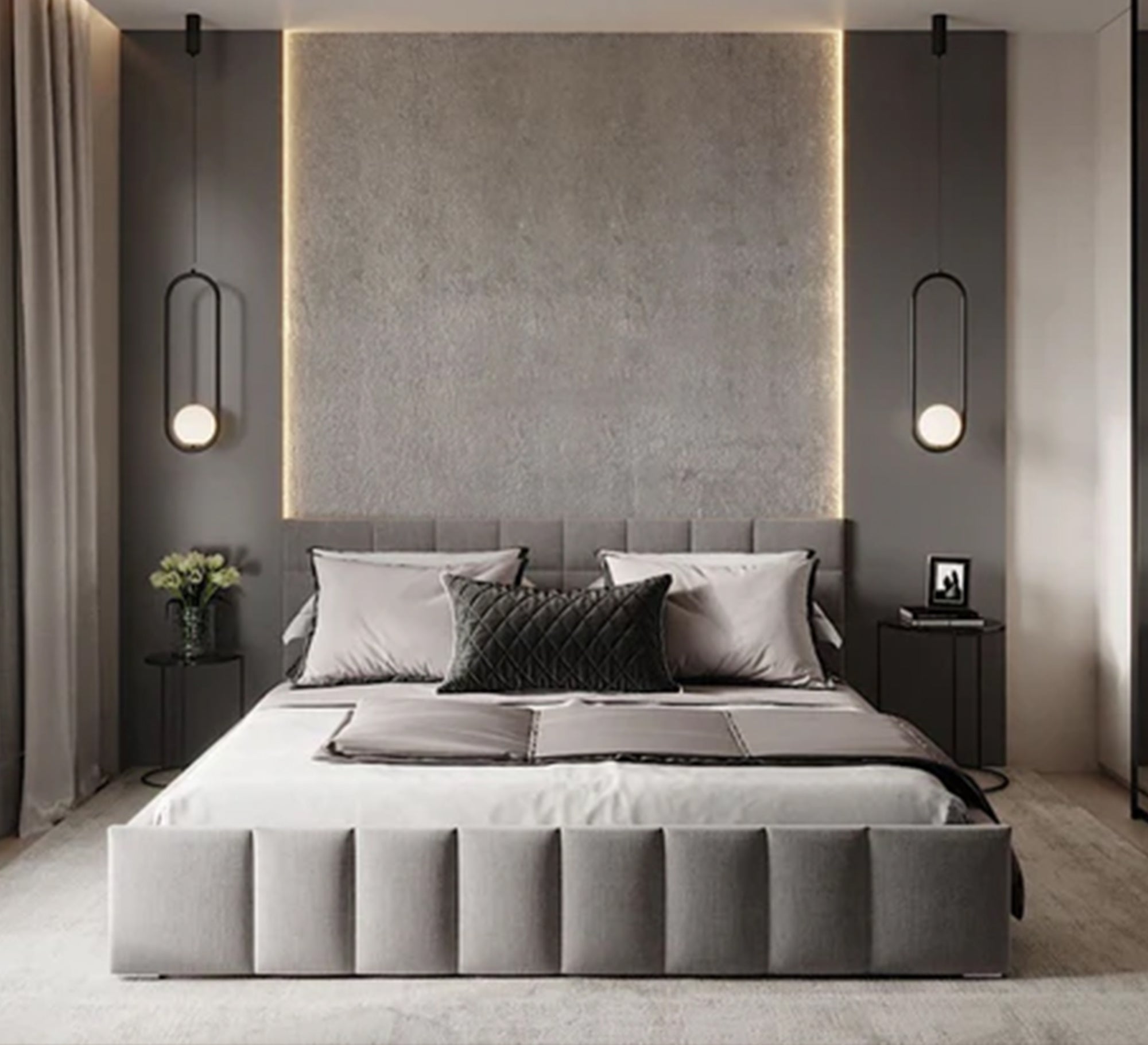 سرير رمادي بتصميم حديث وراحة فاخرة