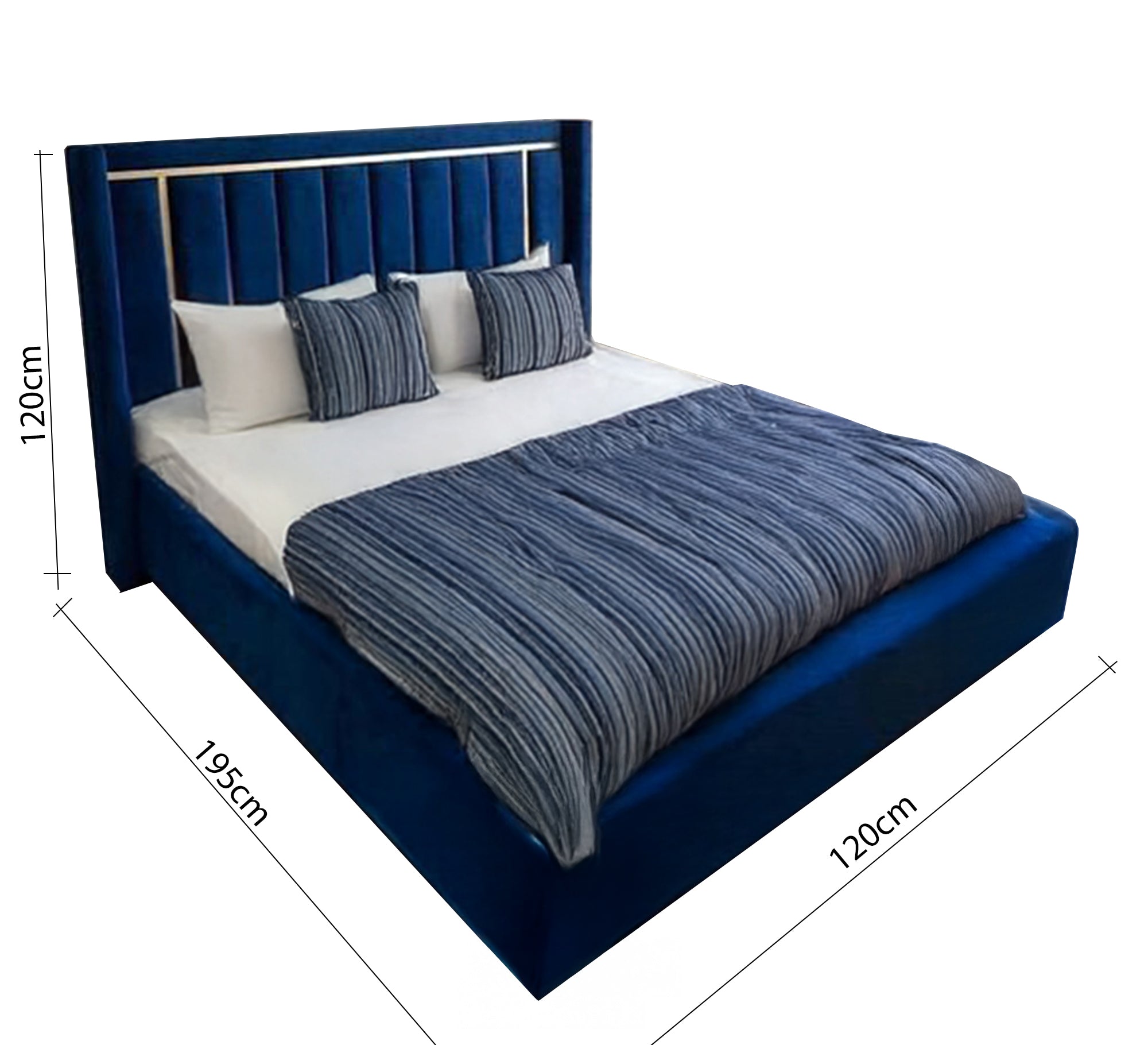 سرير أزرق ملكي برأس مخطط وفخامة عصرية