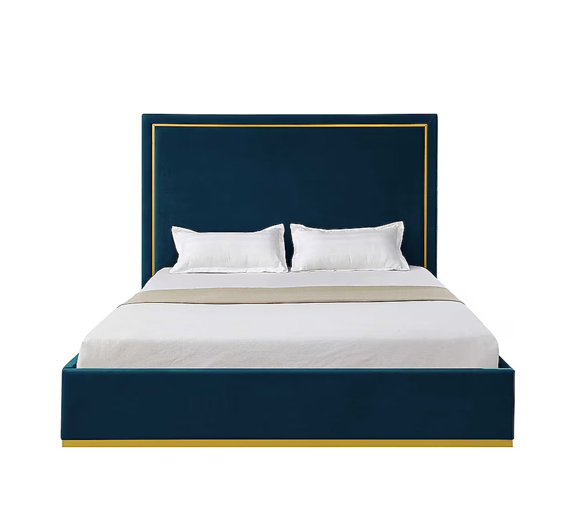 سرير أزرق داكن بإطار ذهبي وفخامة عصرية