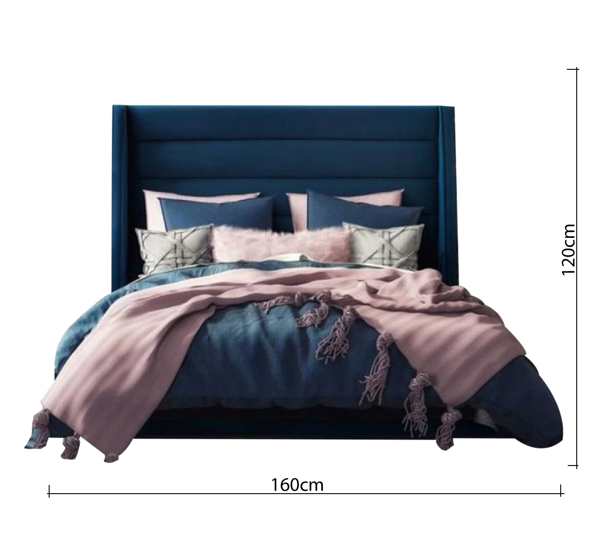 سرير أزرق مخملي برأس مرتفع وأناقة جريئة