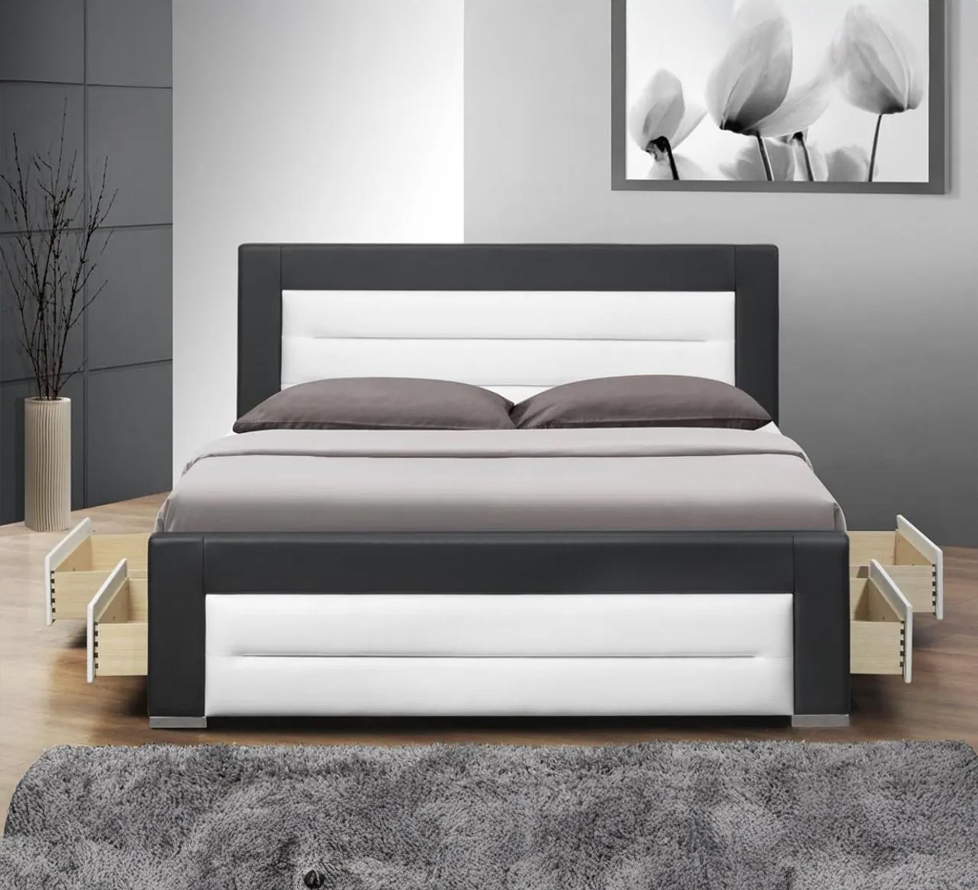 سرير أسود وأبيض بتصميم عصري