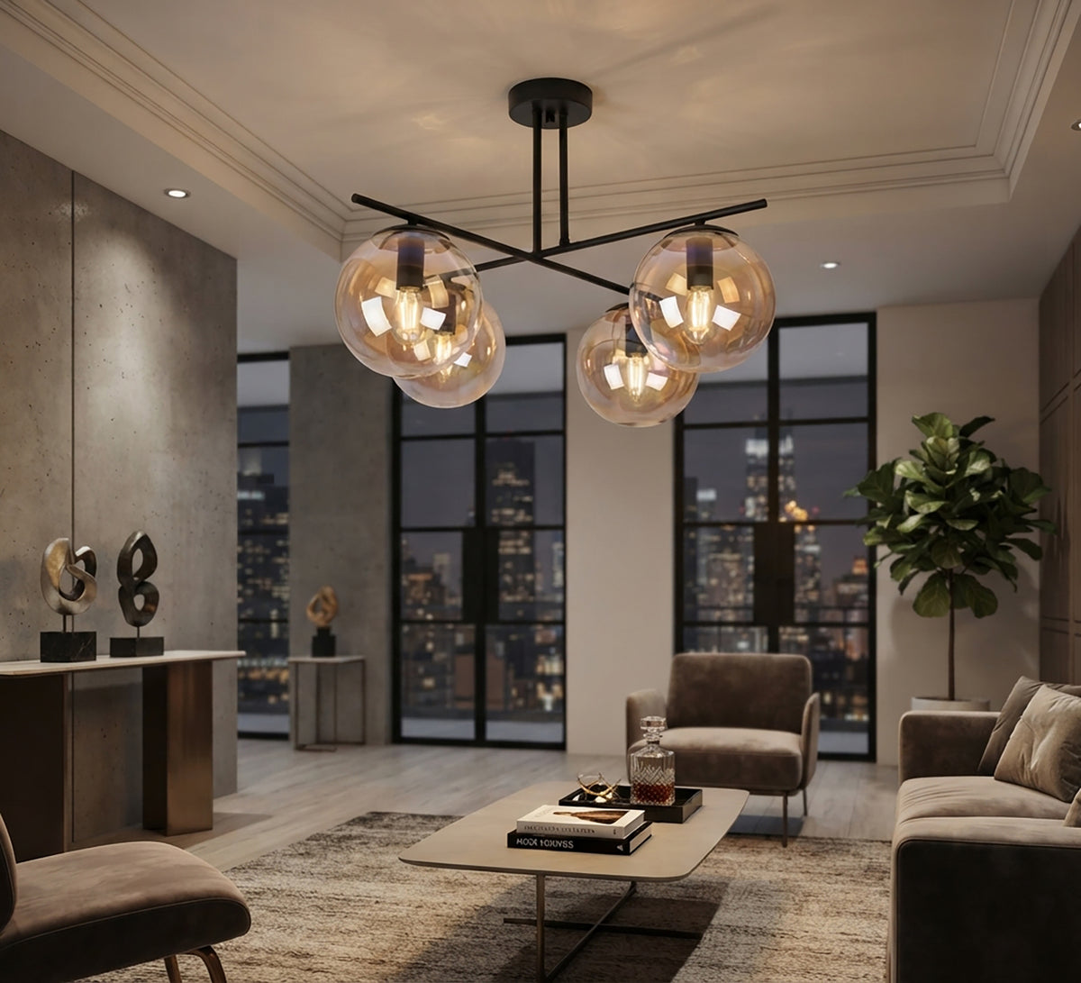 Modern chandelier with an amber glass globe
