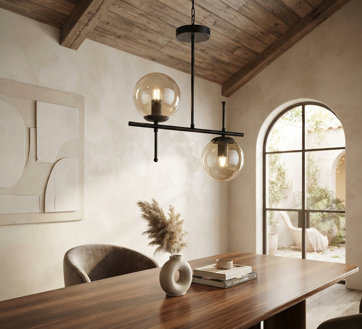 Two-light chandelier with amber glass globes