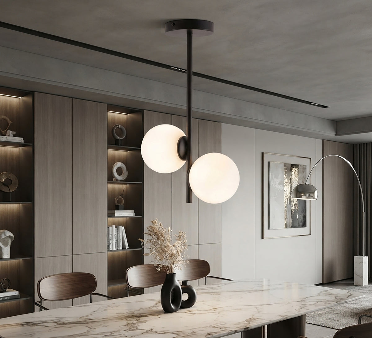 Two-globe vertical chandelier