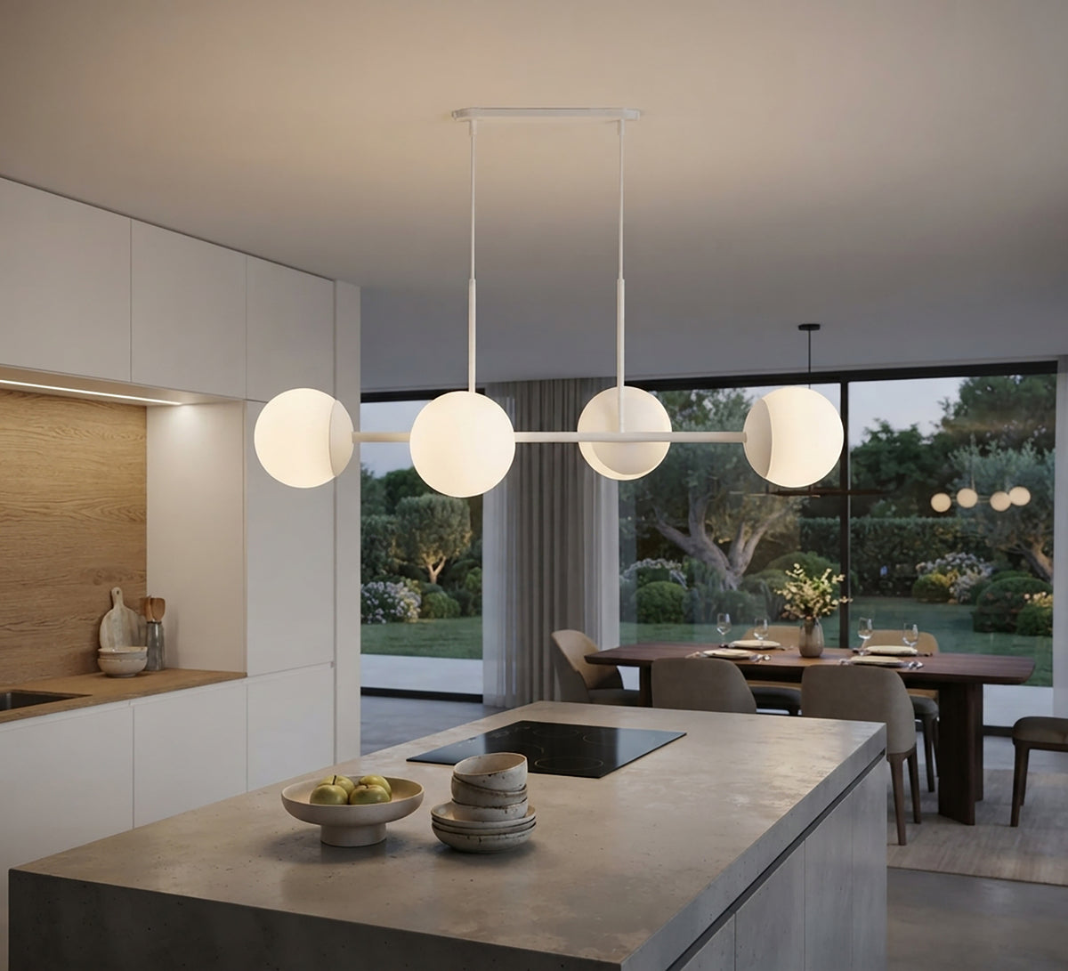 A chandelier offering lighting defined by minimalist simplicity and purity