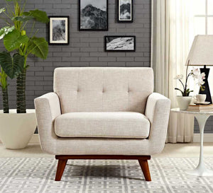 Ivory white armchair with elegant brown wooden legs