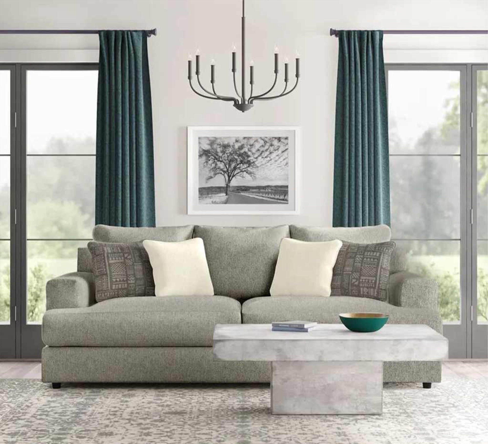 A grey sofa with a pair of base cushions