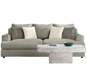 A grey sofa with a pair of base cushions