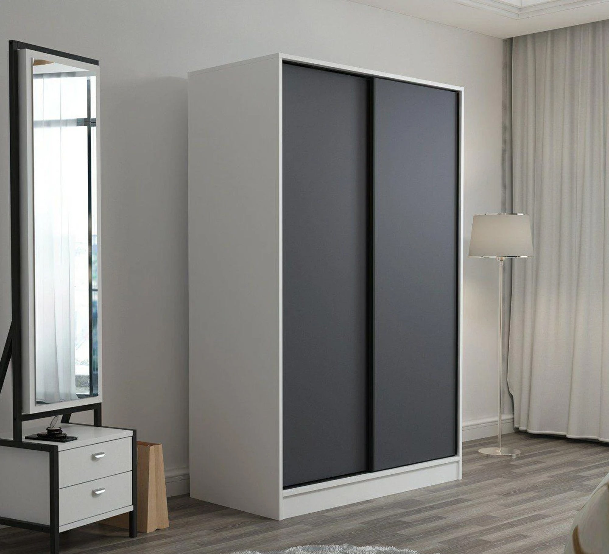 دولاب ملابس بـ 2 ضلفة جرارة أبيض * رمادي