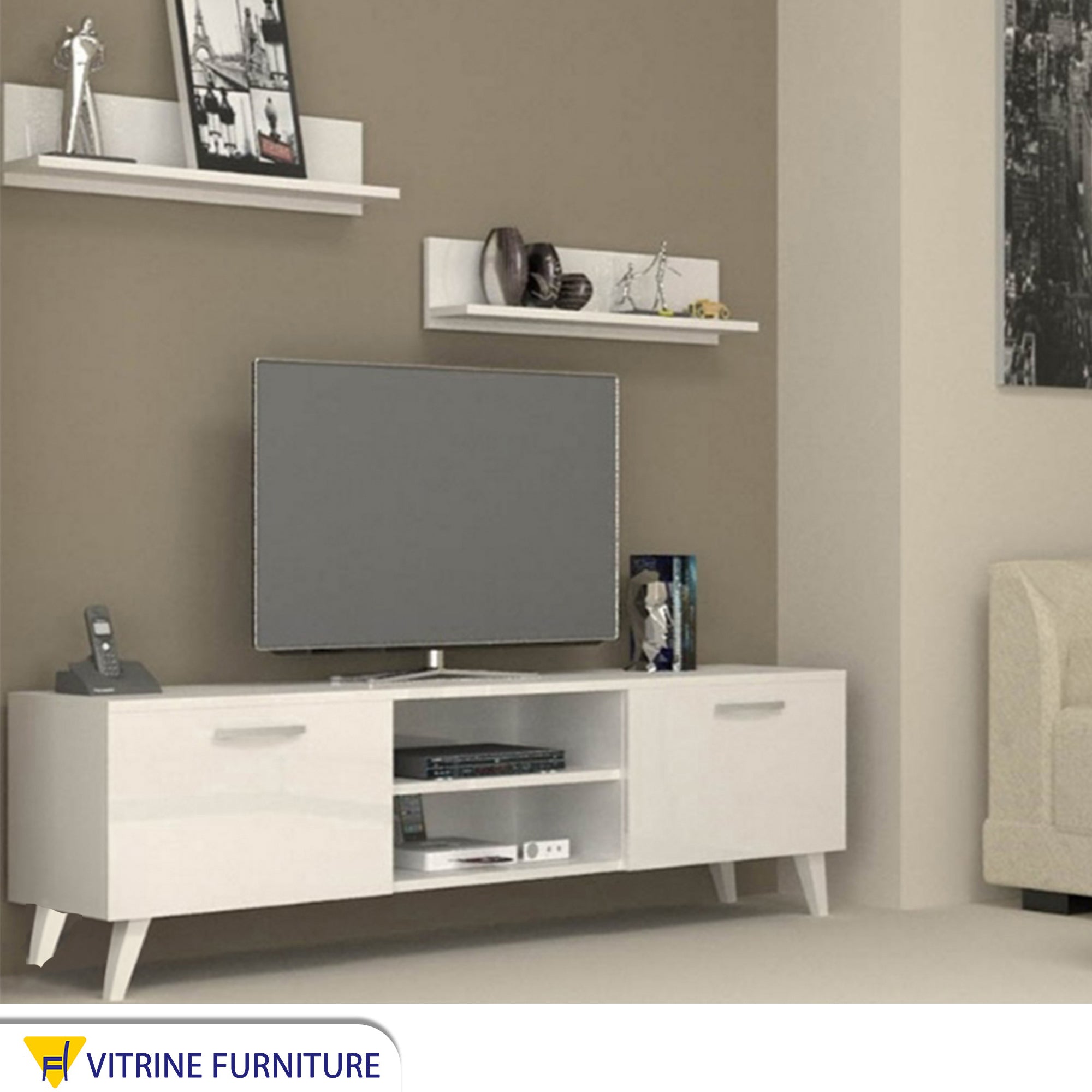 White TV screen unit with slanted legs - Vitrine Furniture
