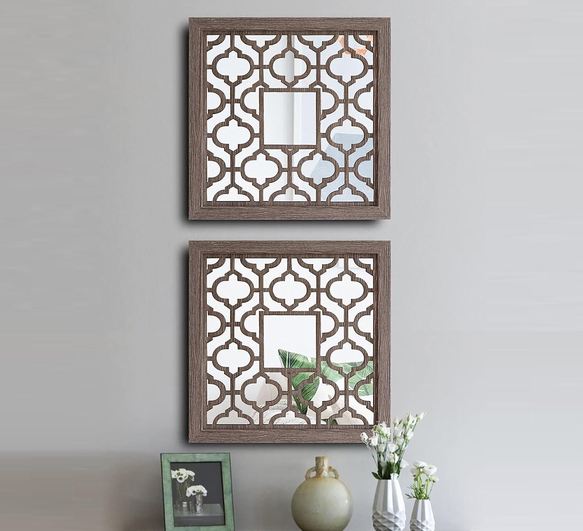 2-piece mirror decorated with hollow wood