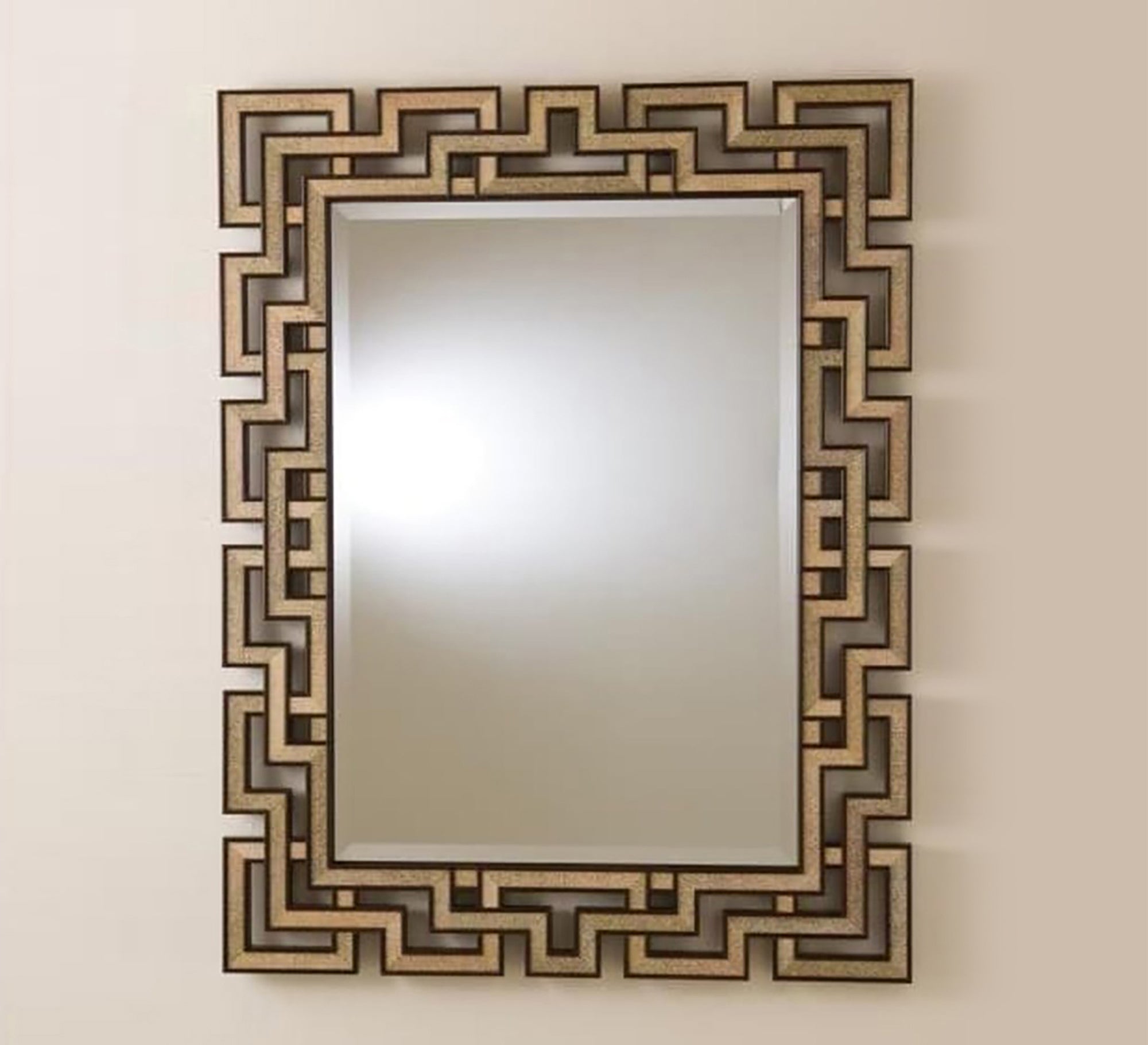 Mirror with a wooden frame of overlapping rectangles