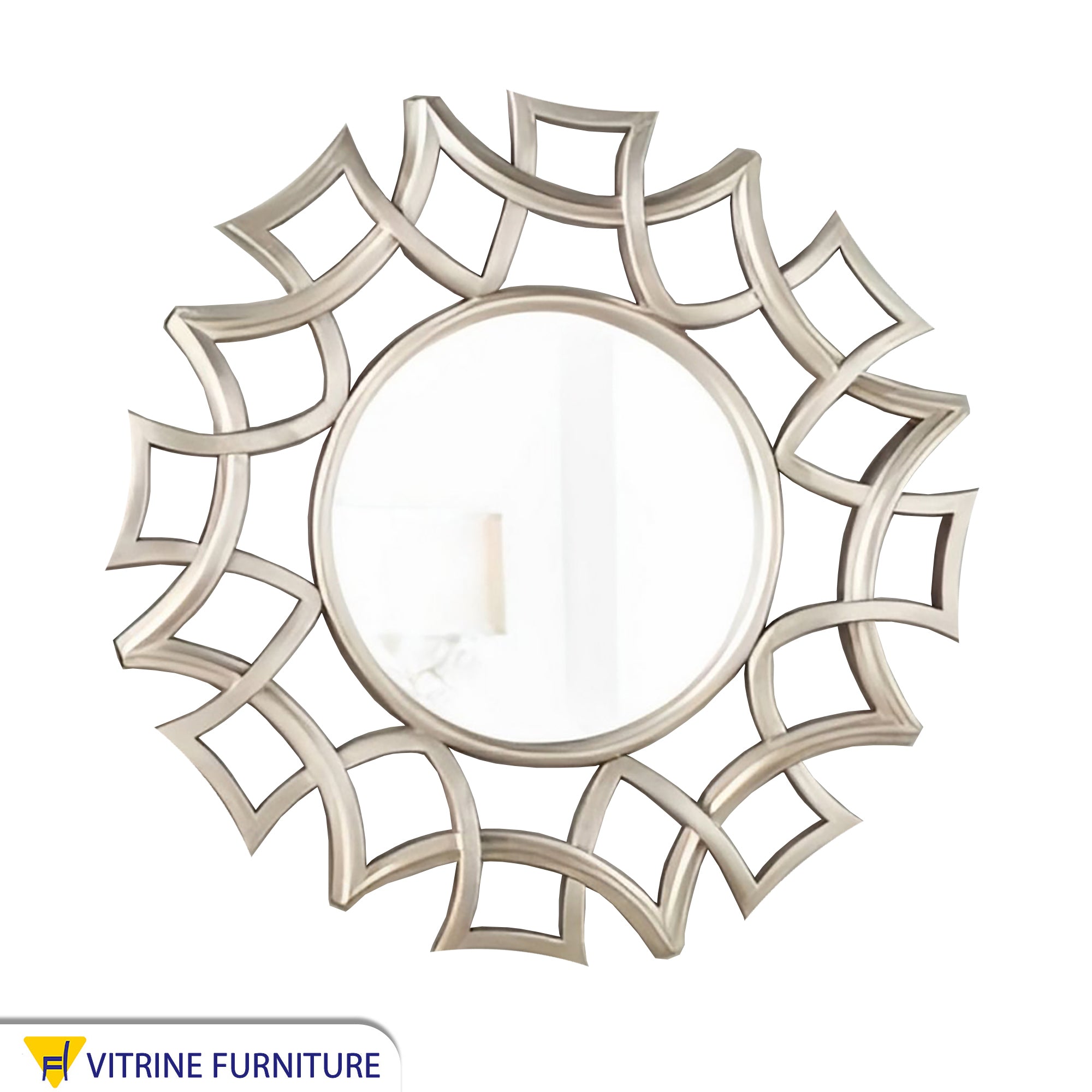 A circular mirror with a frame of hollow overlapping circles