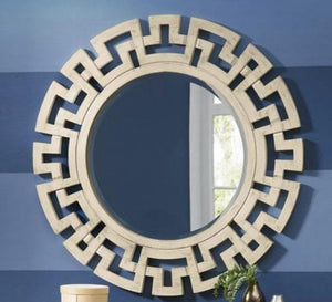 A circular mirror with a frame of hollow overlapping circles