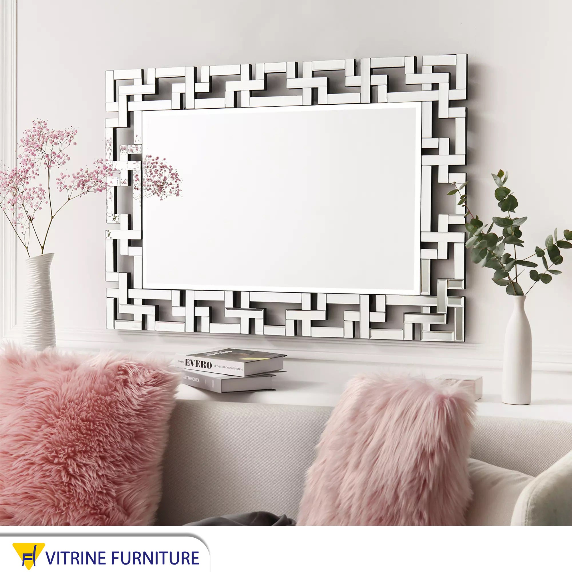 Rectangular mirror with a frame of geometric shapes