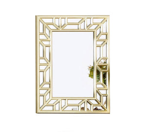 A rectangular mirror with two frames one of which is hollow wood