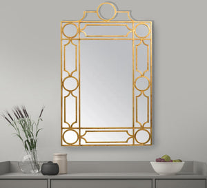 A rectangular mirror with a frame decorated with hollow circles