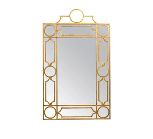 A rectangular mirror with a frame decorated with hollow circles