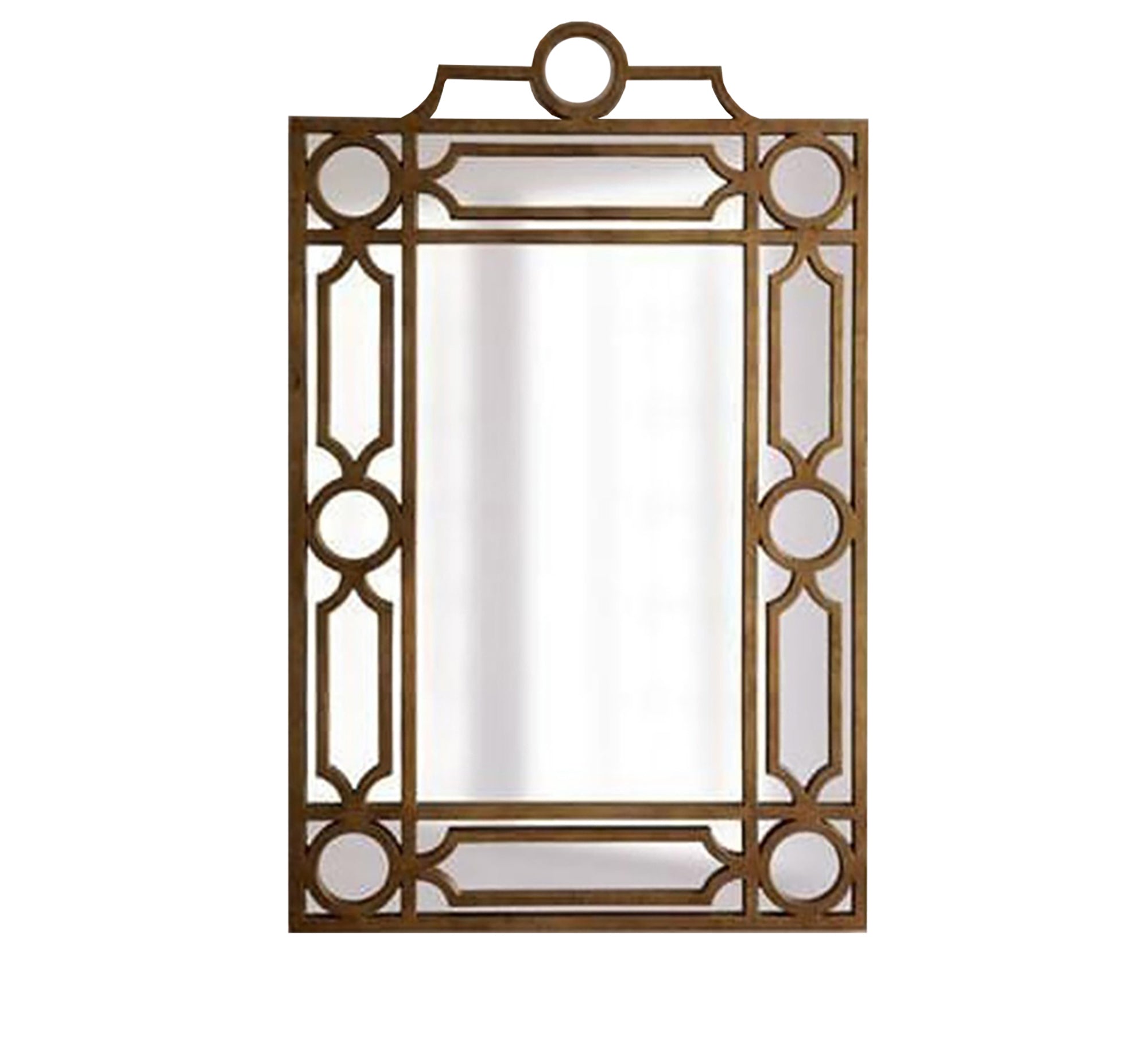 A rectangular mirror with a frame decorated with hollow circles