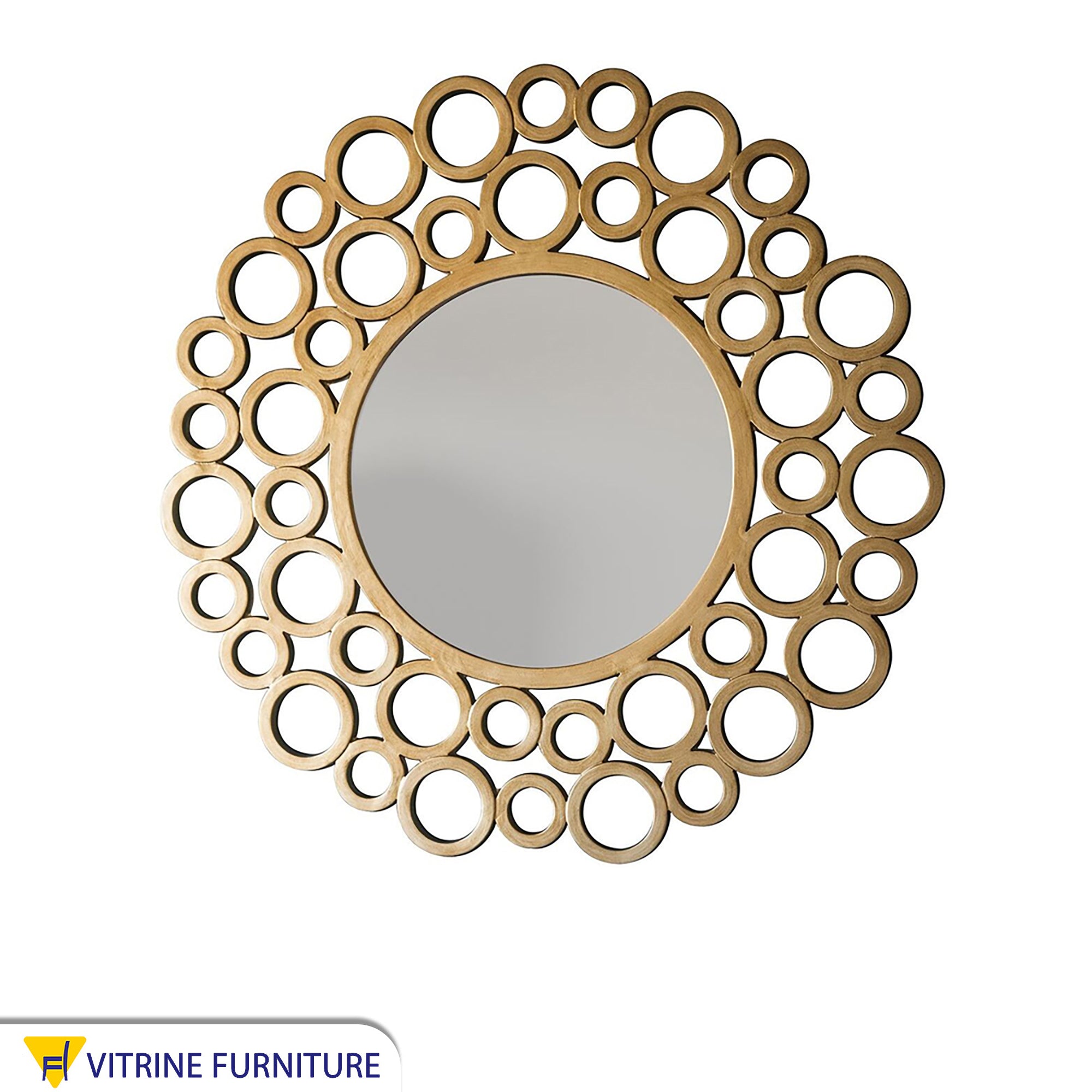 A circular mirror with a frame of multiple wooden circles
