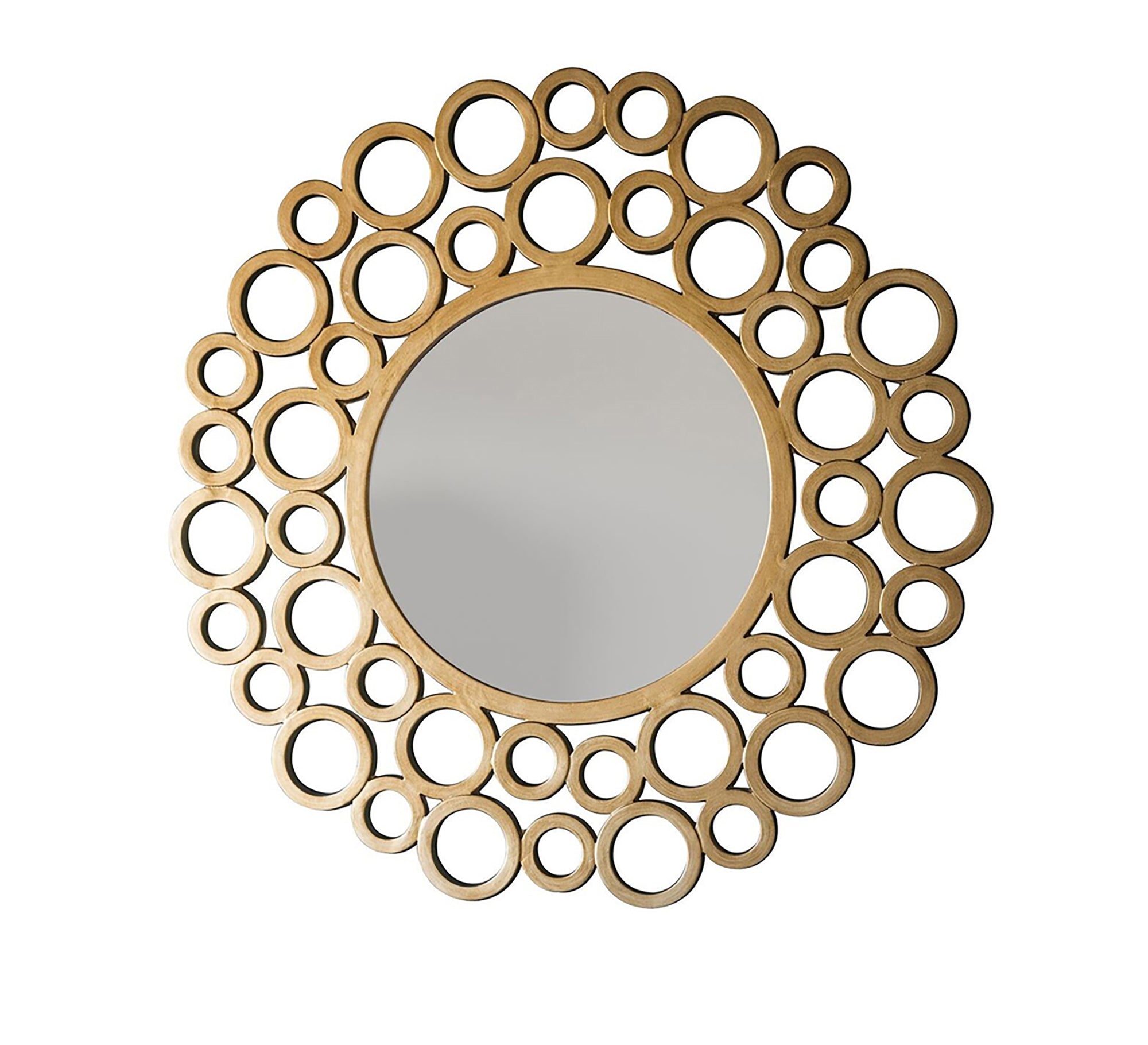 A circular mirror with a frame of multiple wooden circles