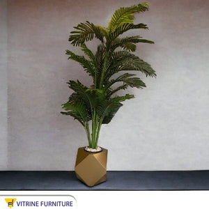Artificial palm tree, leather leaf, golden plant pot
