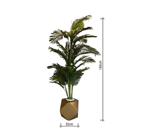 Artificial palm tree, leather leaf, golden plant pot