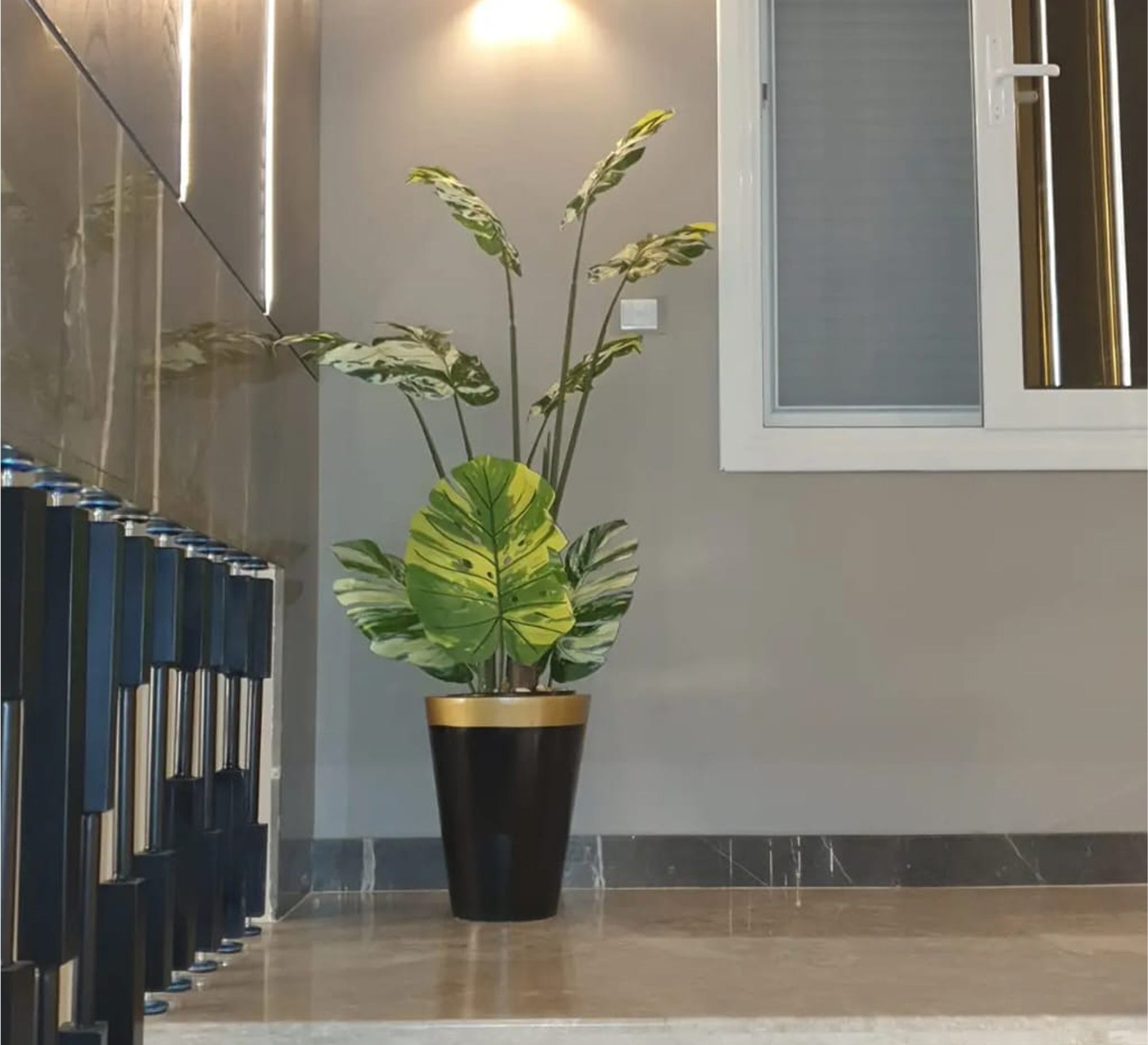 Sleek Black Conical Pot with Lush Artificial Plants