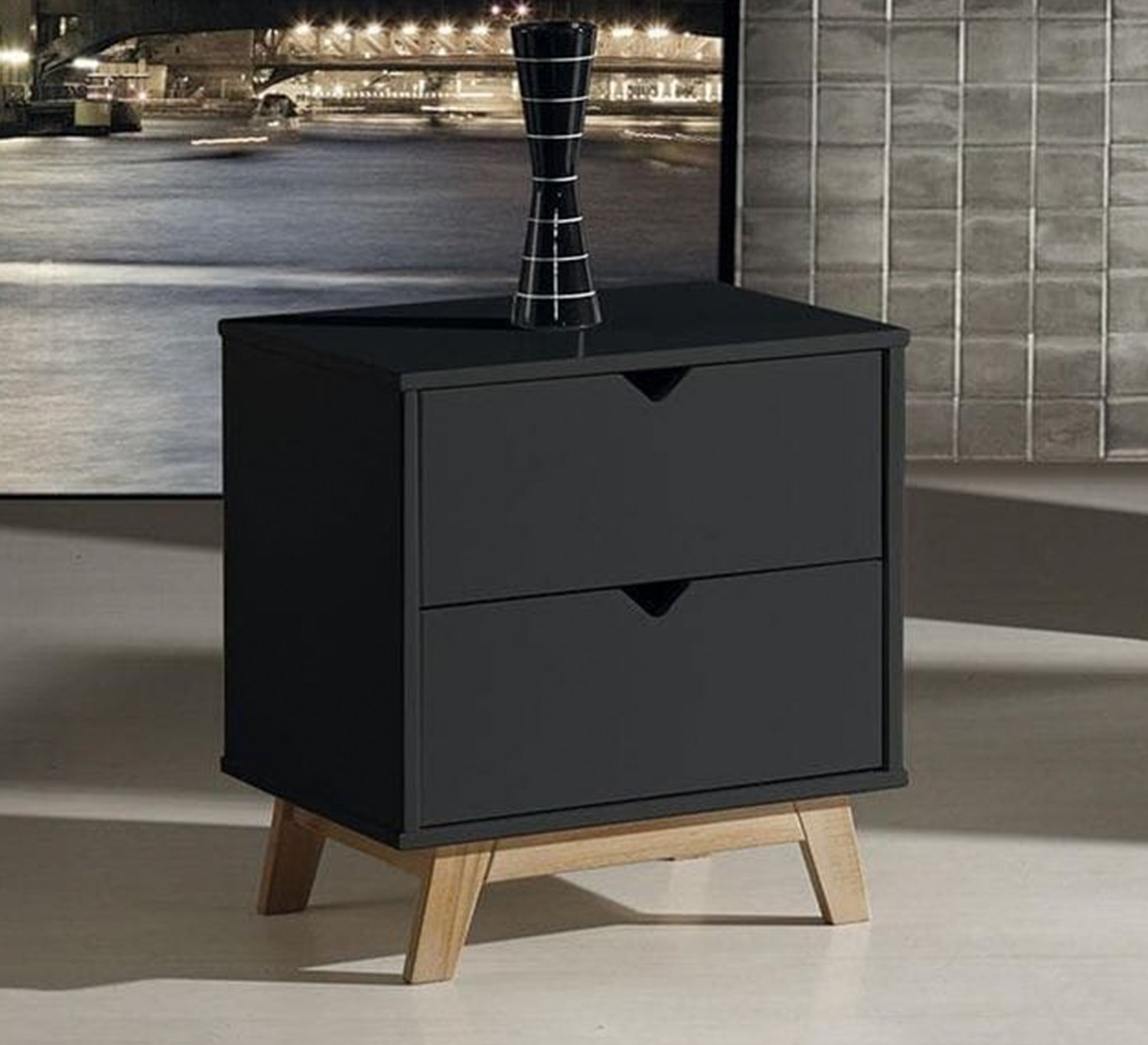 Black nightstand with high beige legs