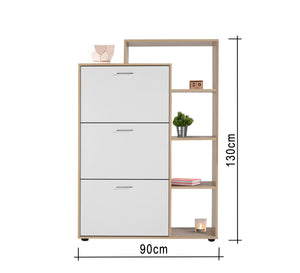 The shoe rack has three flap leaf and a bookcase