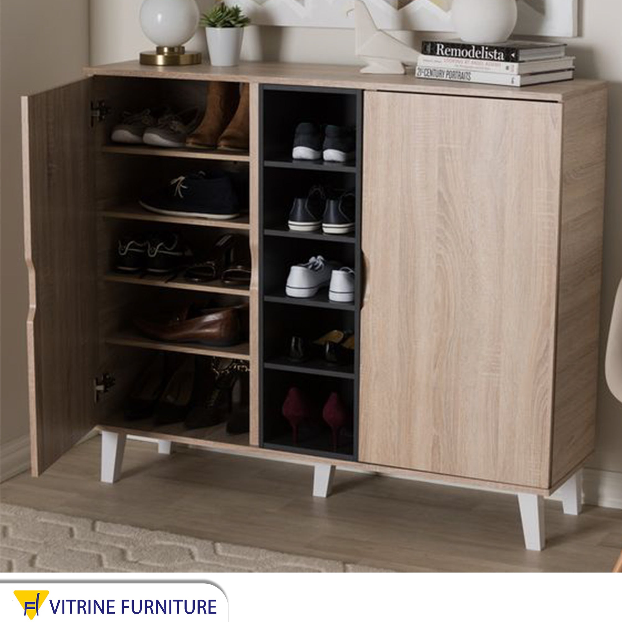 Beige wooden Shoe rack with white legs