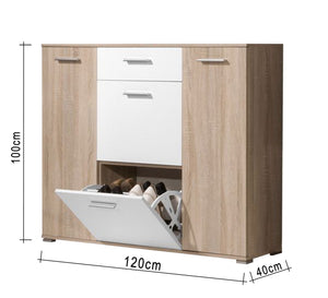 Shoe rack with two hinged leaves and two flaps