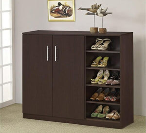 Brown shoe rack with two doors and open shelves