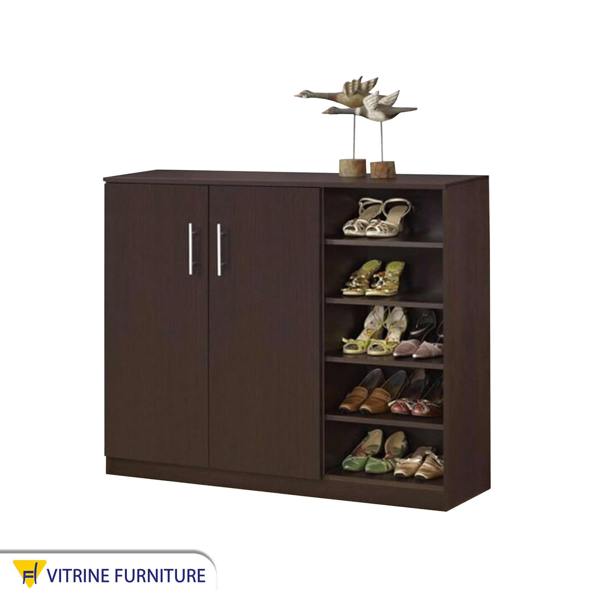 Brown shoe rack with two doors and open shelves