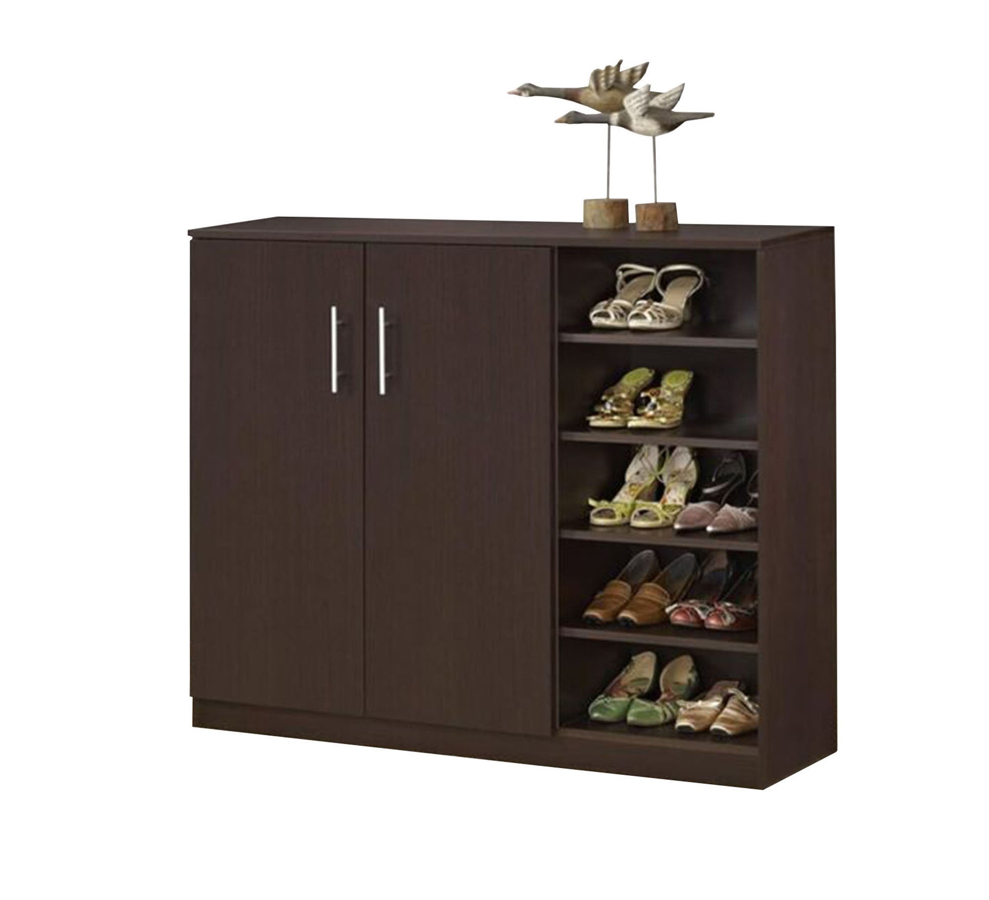 Brown shoe rack with two doors and open shelves