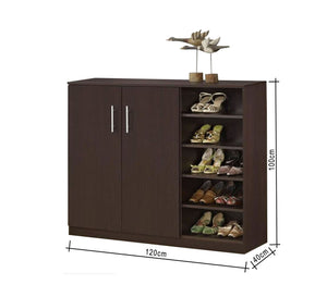 Brown shoe rack with two doors and open shelves