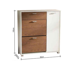 Shoe rack with two flap doors and a drawer