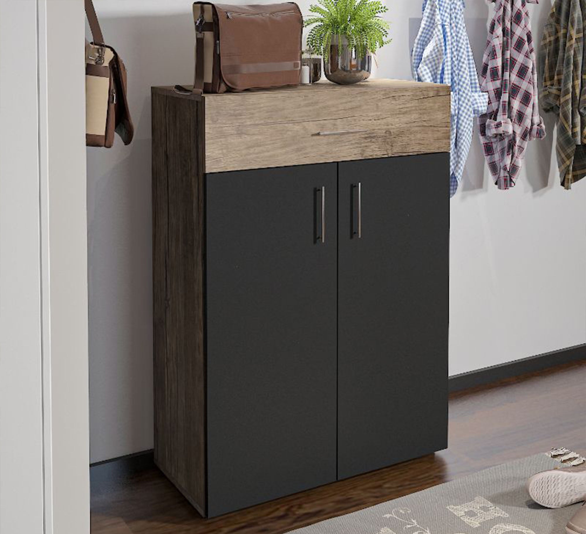 Black Shoe Rack with Chic Beige Drawer