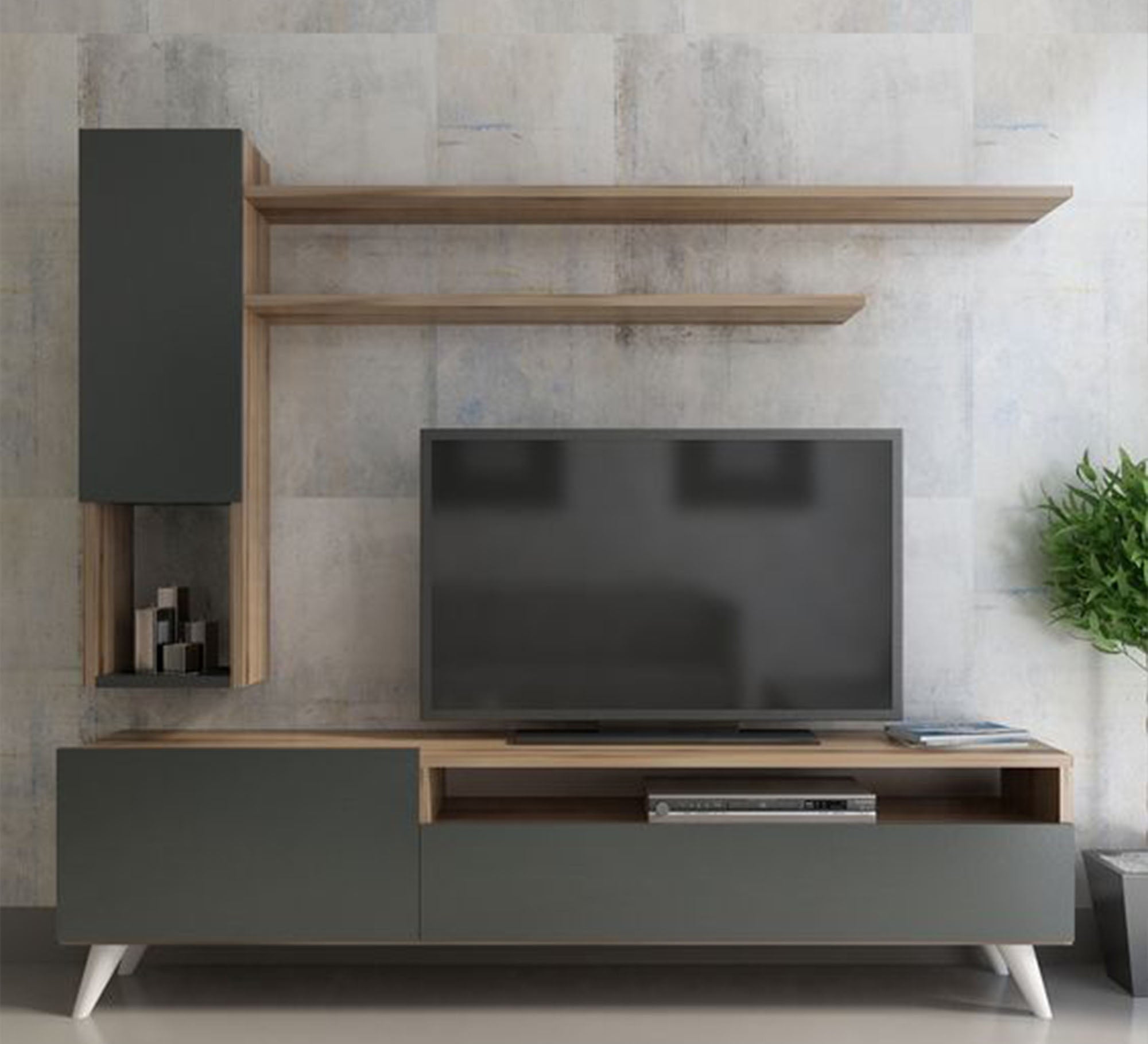 Black and beige TV table with a top shelf and a wall desk